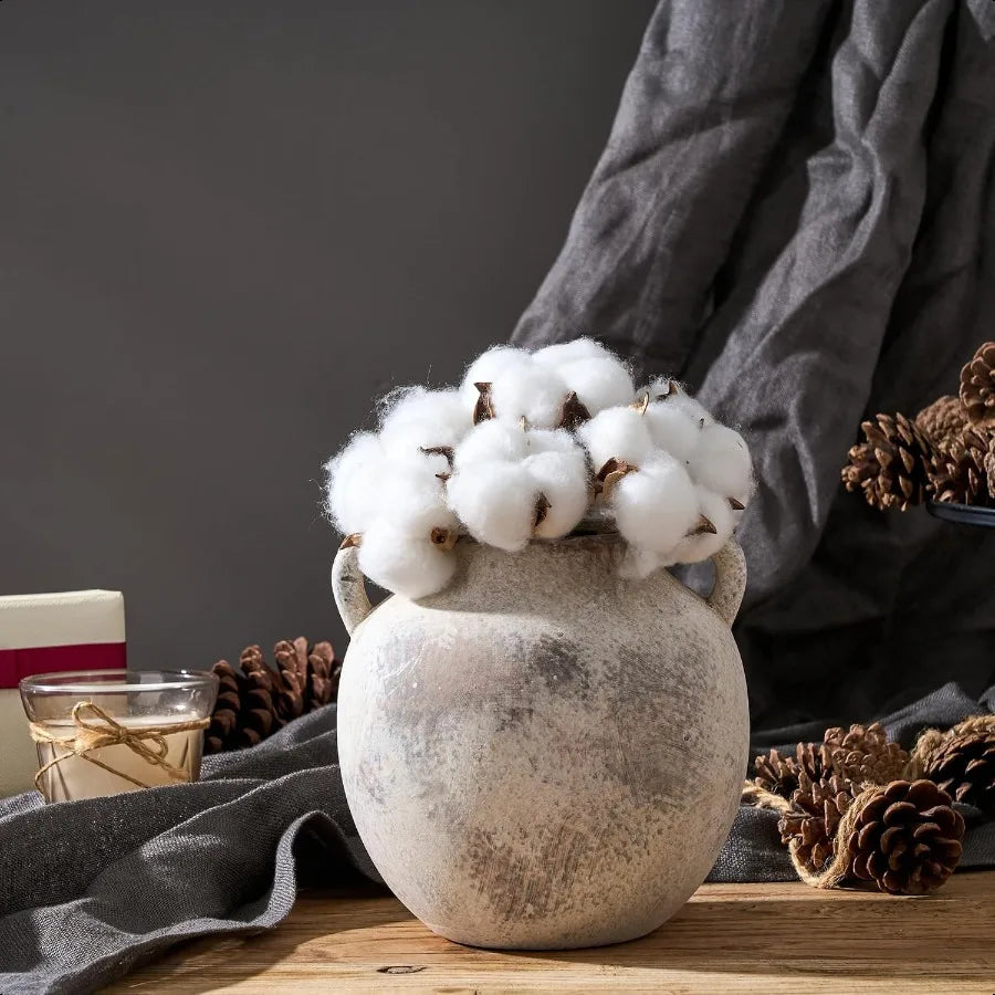 5.8-Inch Ceramic Terracotta Vase with Handles – Rustic Farmhouse Gray Decorative Vase - Homestead & Co