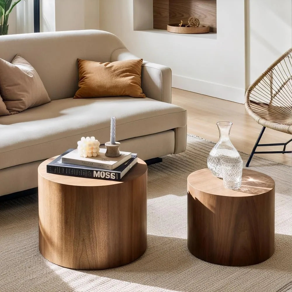 Set of 2 Nesting Round Coffee Tables – Walnut Wooden Accent Tables - Homestead & Co
