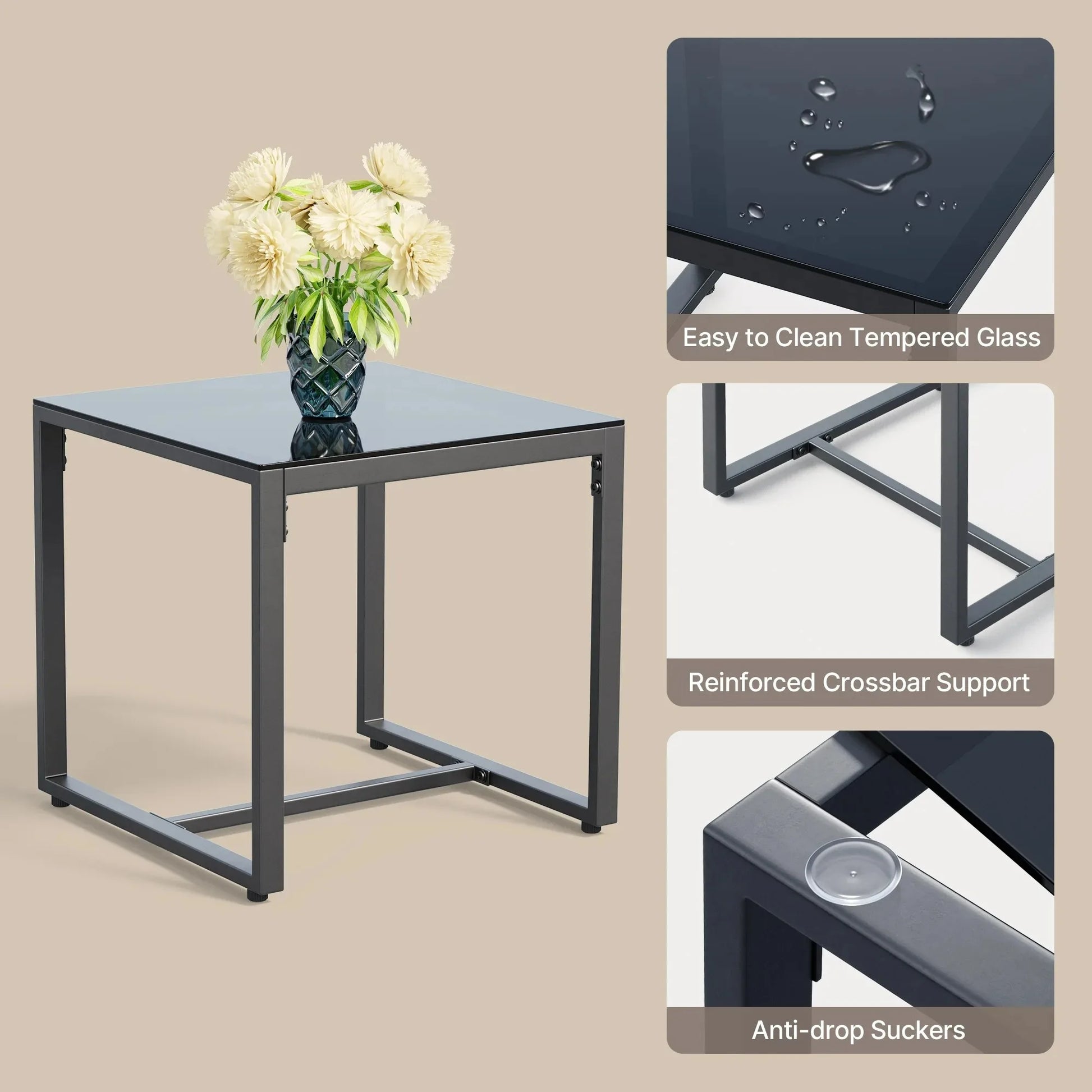 3-Piece Outdoor Rattan Patio Furniture Set with Glass Coffee Table and Gray Cushions - Homestead & Co