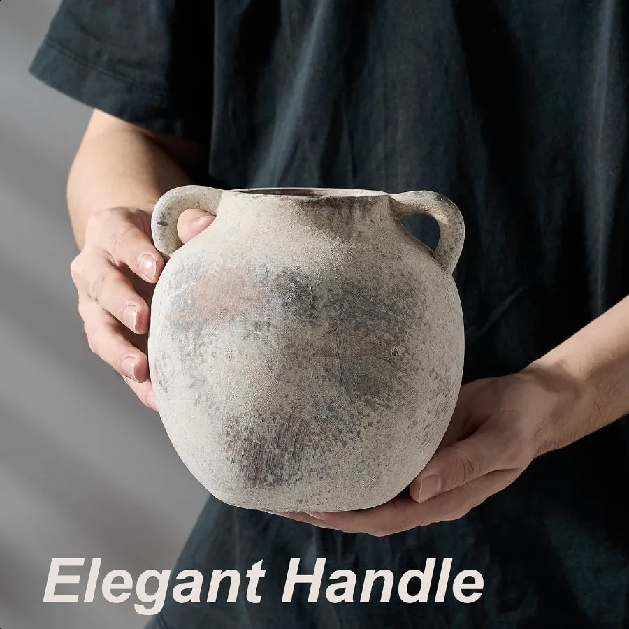 5.8-Inch Ceramic Terracotta Vase with Handles – Rustic Farmhouse Gray Decorative Vase - Homestead & Co