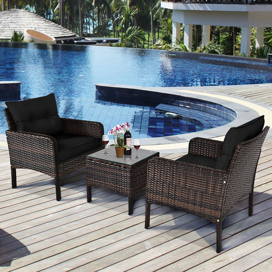 3-Piece Outdoor Rattan Conversation Set – Chairs with Cushions and Tempered Glass Coffee Table - Homestead & Co