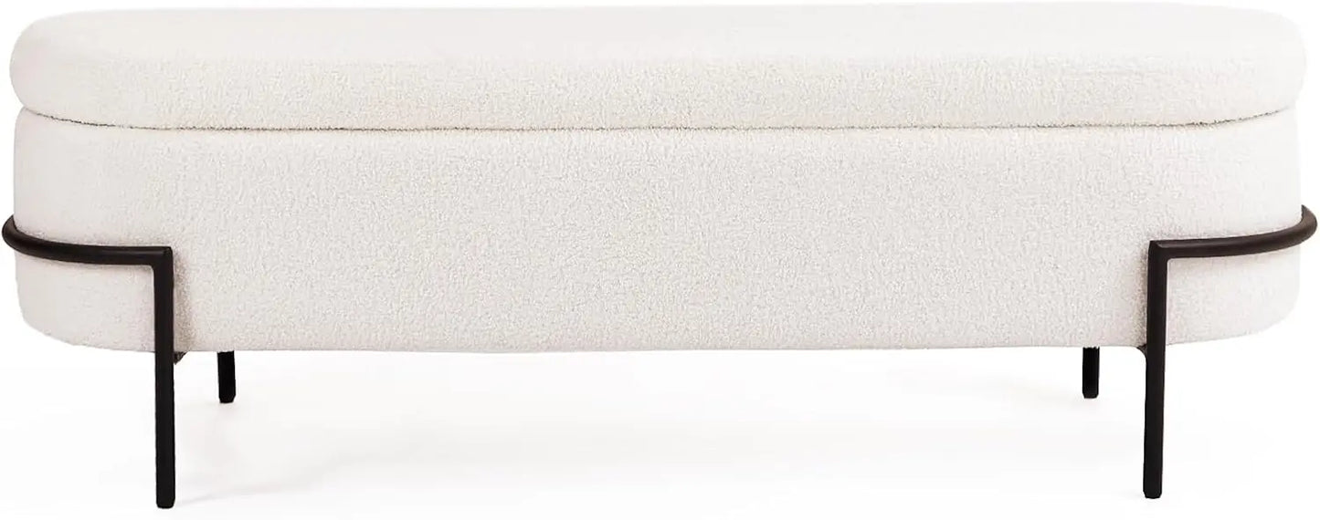 Sherpa Upholstered Storage Ottoman Bench – Modern Oval Footstool - Homestead & Co
