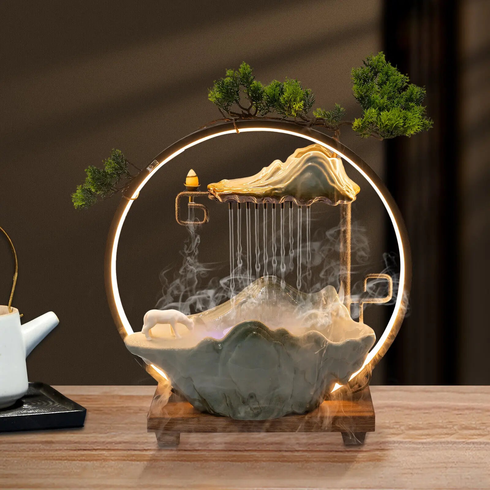 Indoor Tabletop Water Fountain with LED, Mist, Rockery, Horse & Plants - Homestead & Co