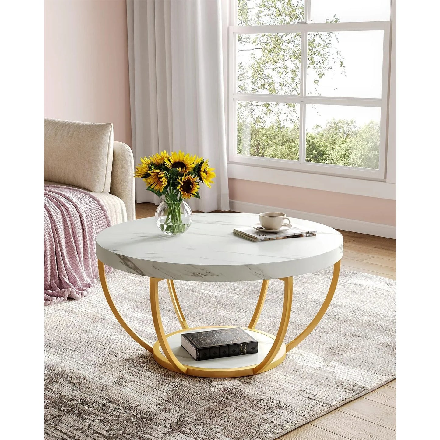 32" Round Marble Coffee Table – 2-Tier Modern Center Table - Homestead & Co