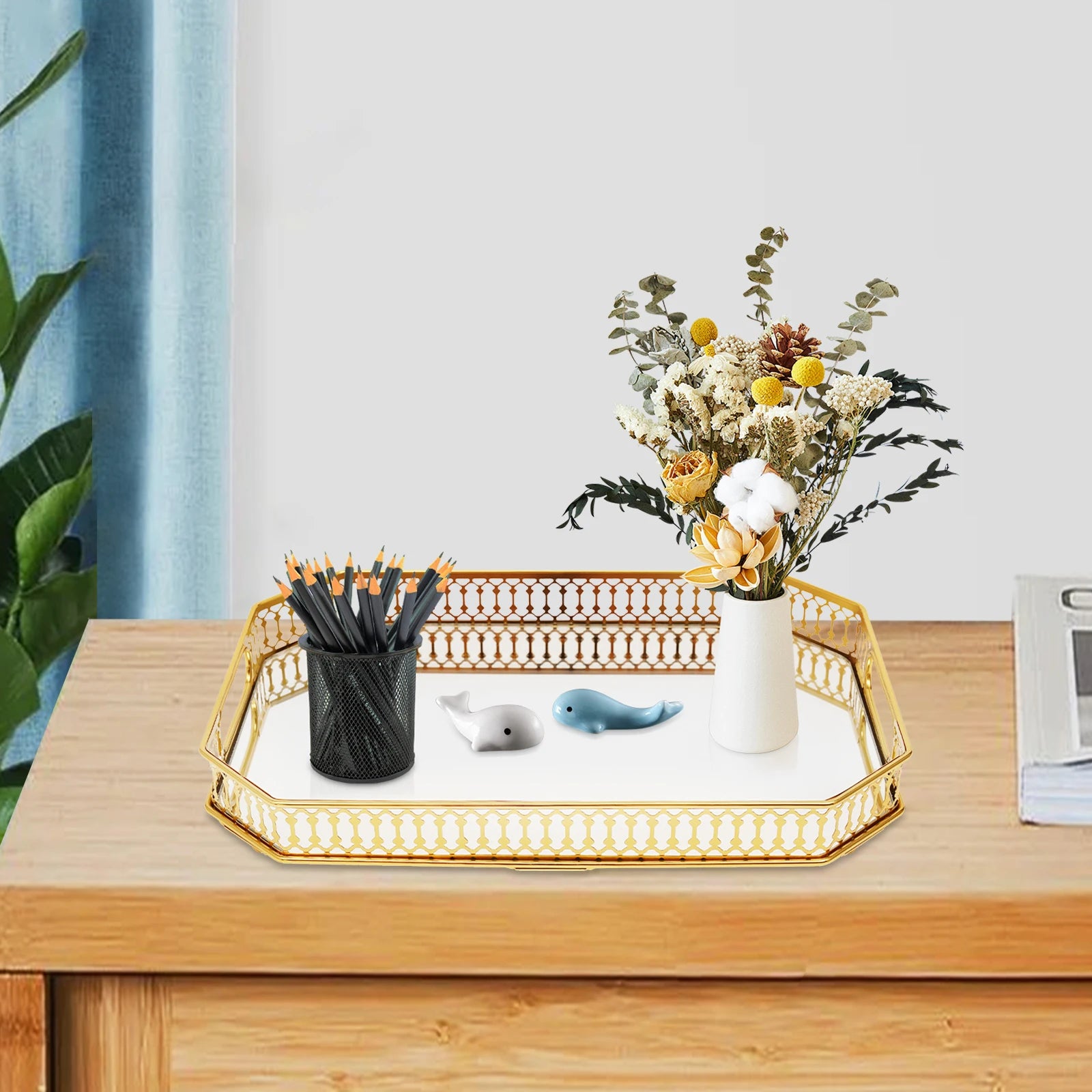 Gold Rectangular Glass Mirror Tray – 35x25 cm Decorative Metal Display Tray - Homestead & Co