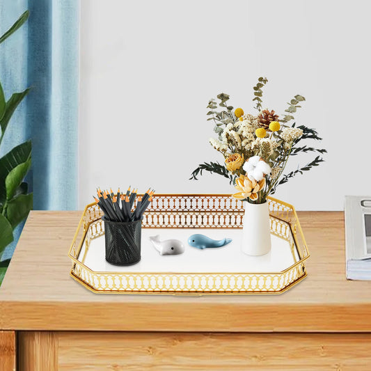 Gold Rectangular Glass Mirror Tray – 35x25 cm Decorative Metal Display Tray - Homestead & Co