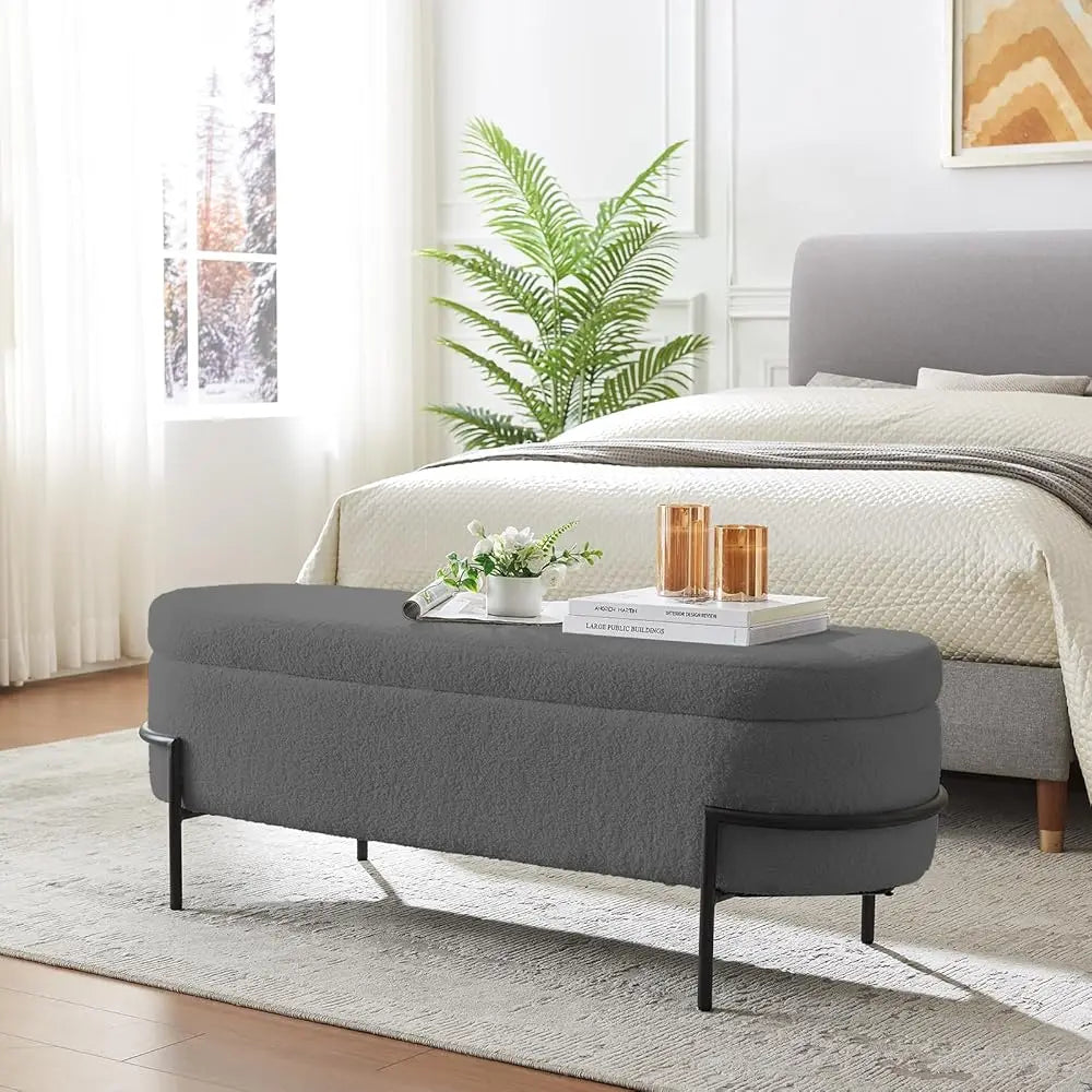 Sherpa Upholstered Storage Ottoman Bench – Modern Oval Footstool - Homestead & Co
