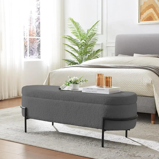 Sherpa Upholstered Storage Ottoman Bench – Modern Oval Footstool - Homestead & Co