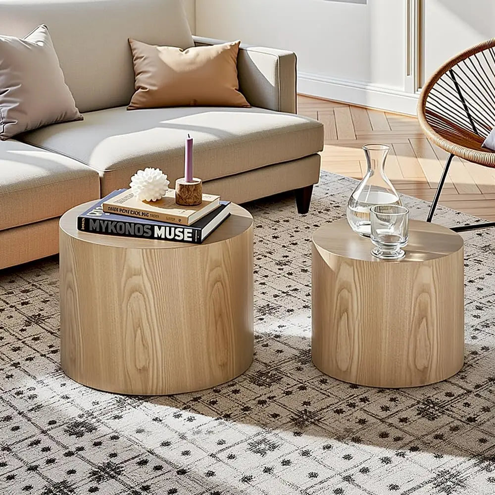 Set of 2 Nesting Round Coffee Tables – Walnut Wooden Accent Tables - Homestead & Co