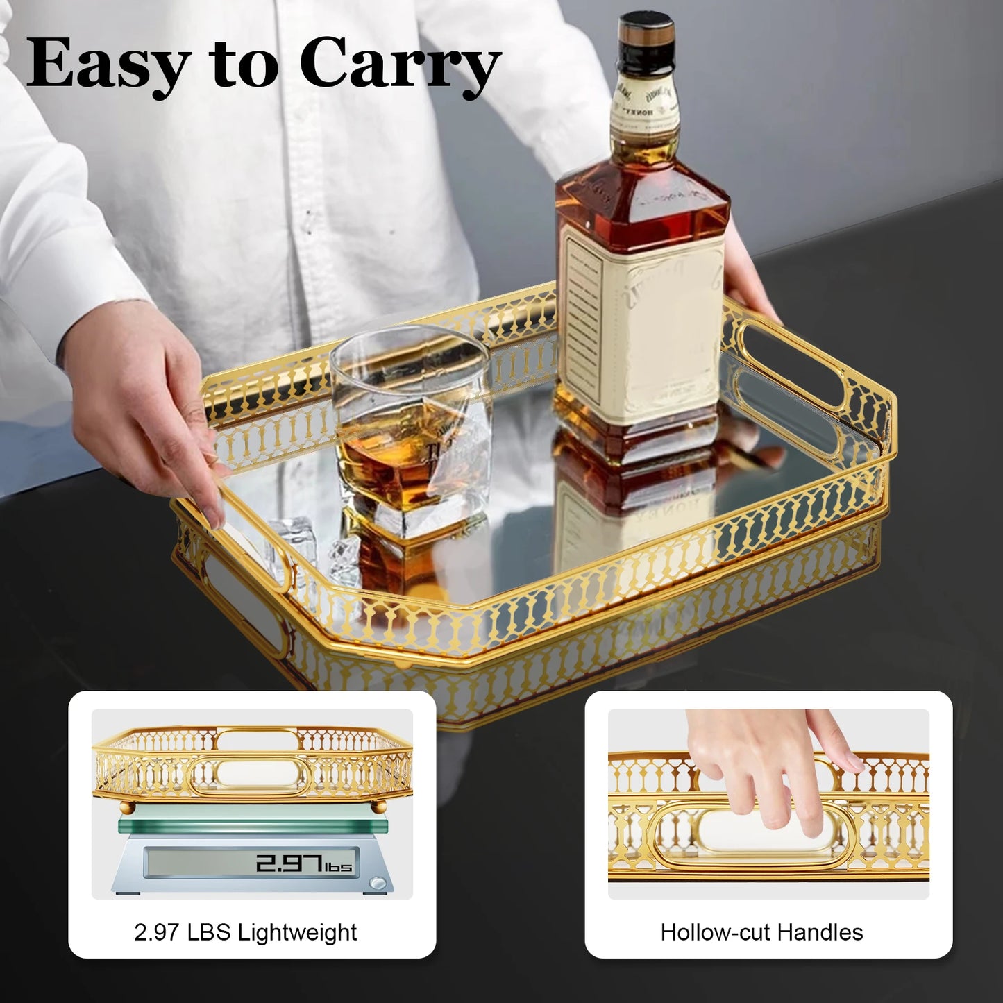 Gold Rectangular Glass Mirror Tray – 35x25 cm Decorative Metal Display Tray - Homestead & Co