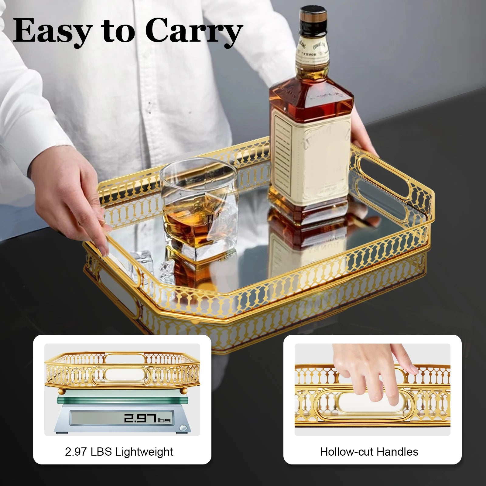 Gold Rectangular Glass Mirror Tray – 35x25 cm Decorative Metal Display Tray - Homestead & Co