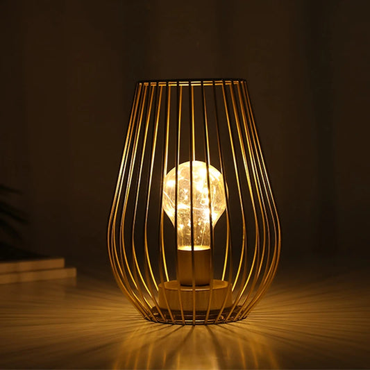 Golden Cage-Style Cordless Table Lamp –  LED Lantern with Warm Light - Homestead & Co