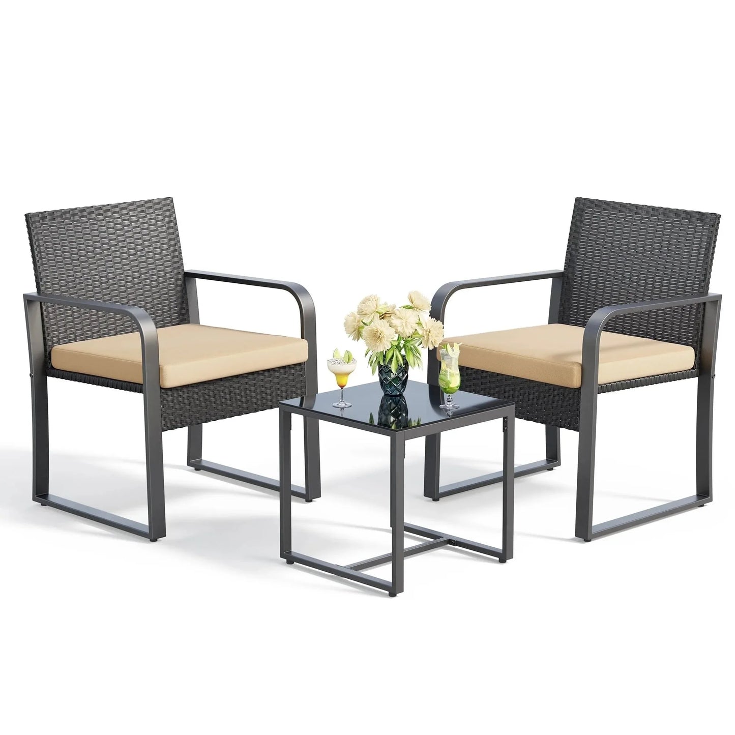 3-Piece Outdoor Rattan Patio Furniture Set with Glass Coffee Table and Gray Cushions - Homestead & Co