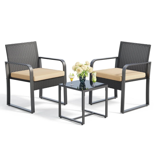 3-Piece Outdoor Rattan Patio Furniture Set with Glass Coffee Table and Gray Cushions - Homestead & Co