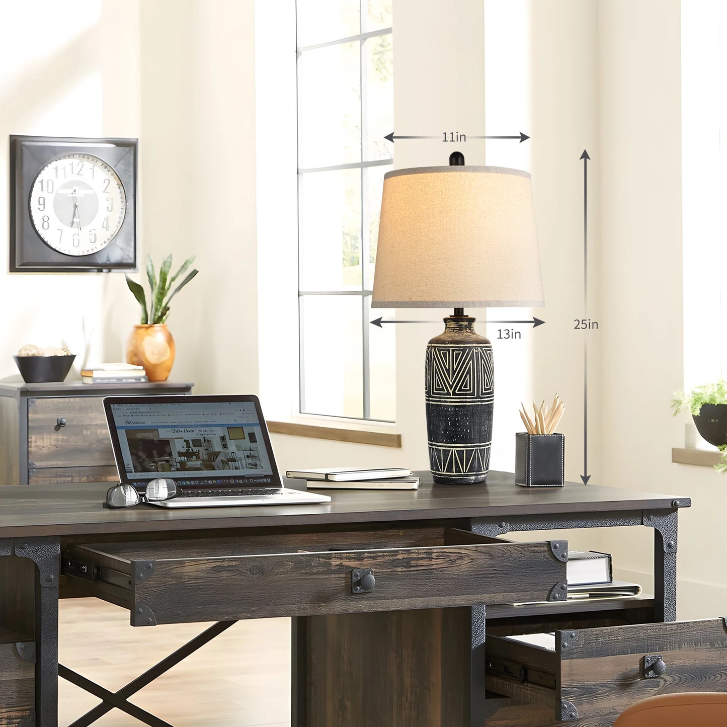 Set of 2 – 25-Inch Handcrafted Southwest Ceramic Table Lamps with Burlap Shades - Homestead & Co