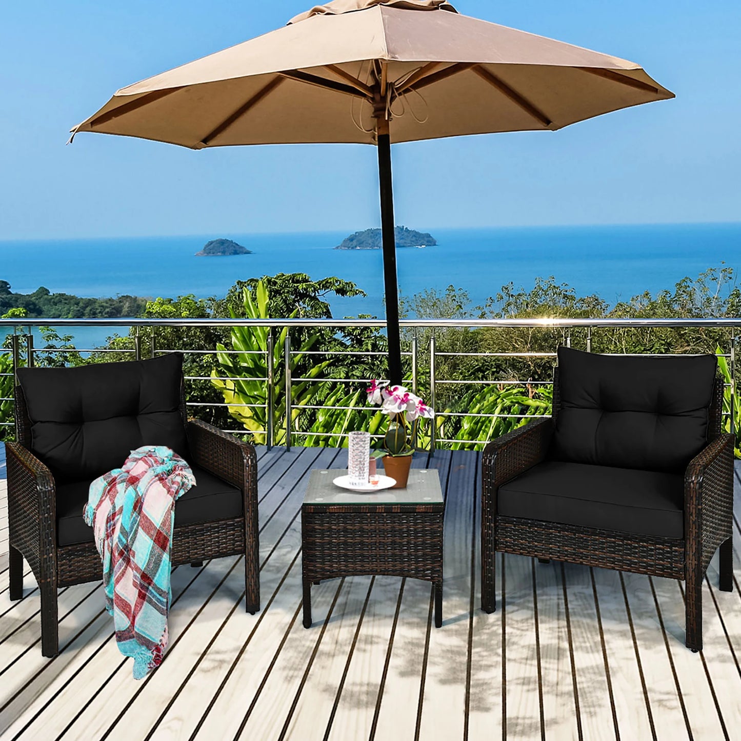 3-Piece Outdoor Rattan Conversation Set – Chairs with Cushions and Tempered Glass Coffee Table - Homestead & Co