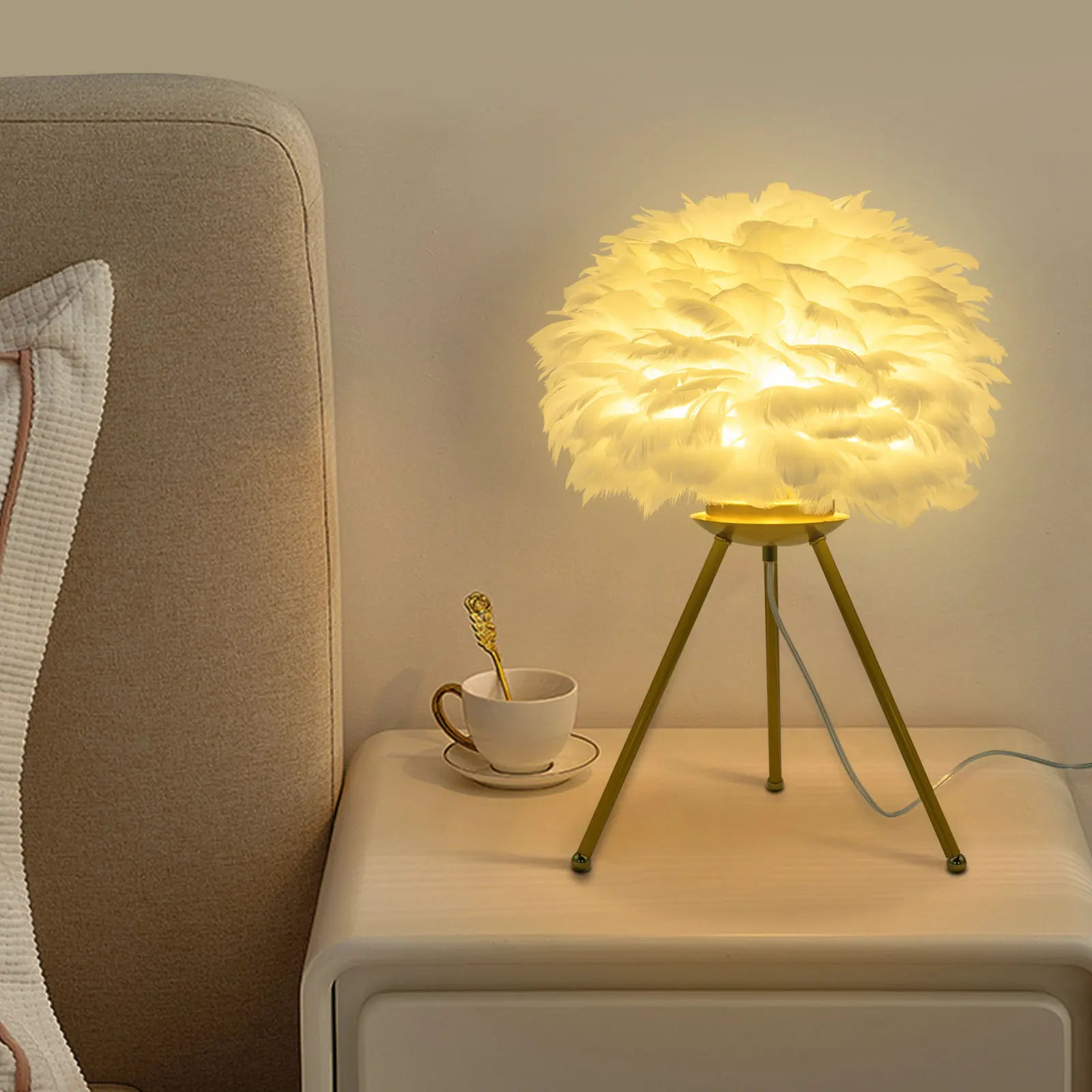 Elegant Feather Table Lamp – Soft White Feather Shade - Homestead & Co