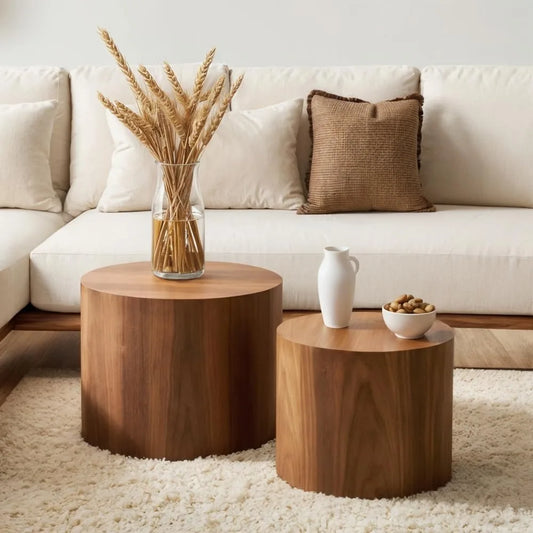 Set of 2 Nesting Round Coffee Tables – Walnut Wooden Accent Tables - Homestead & Co