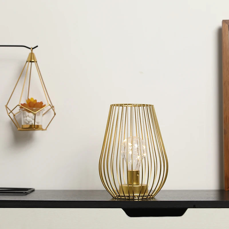 Golden Cage-Style Cordless Table Lamp –  LED Lantern with Warm Light - Homestead & Co