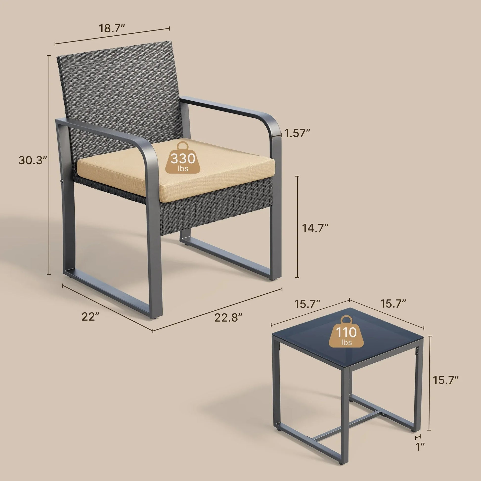 3-Piece Outdoor Rattan Patio Furniture Set with Glass Coffee Table and Gray Cushions - Homestead & Co