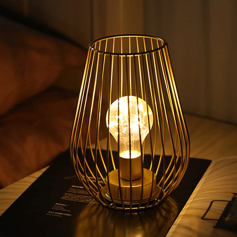 Golden Cage-Style Cordless Table Lamp –  LED Lantern with Warm Light - Homestead & Co