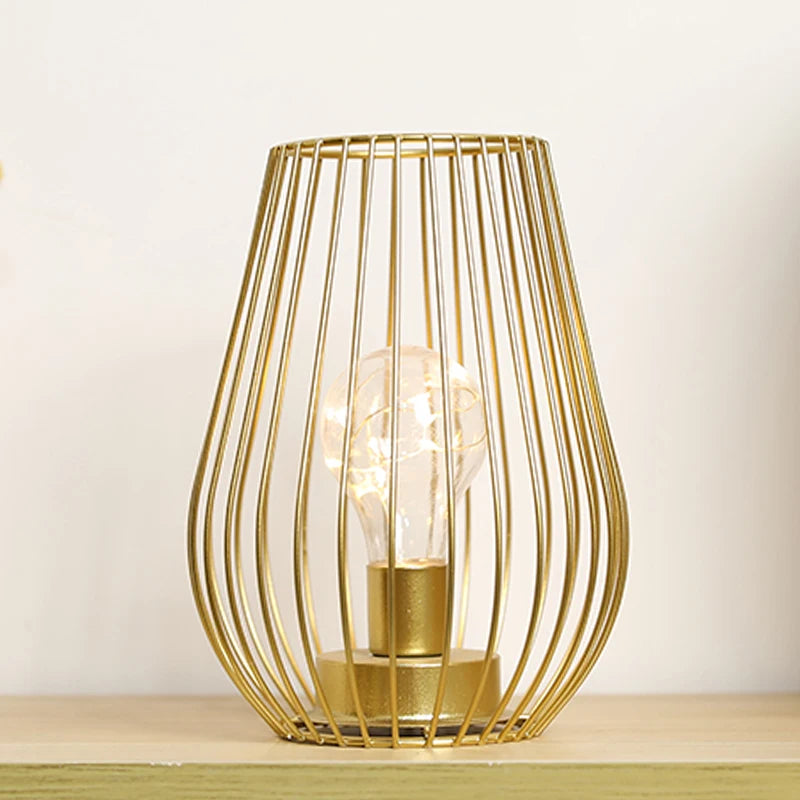 Golden Cage-Style Cordless Table Lamp –  LED Lantern with Warm Light - Homestead & Co