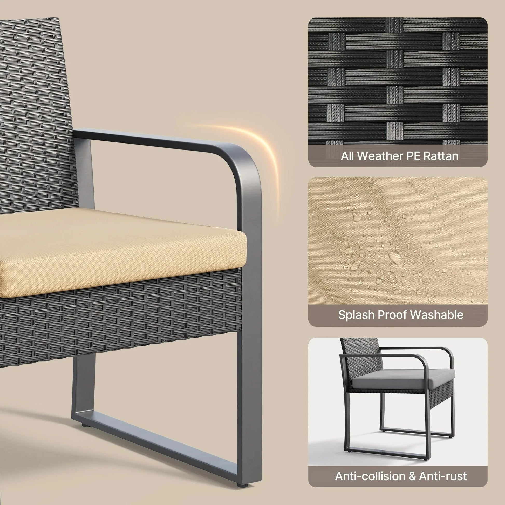 3-Piece Outdoor Rattan Patio Furniture Set with Glass Coffee Table and Gray Cushions - Homestead & Co