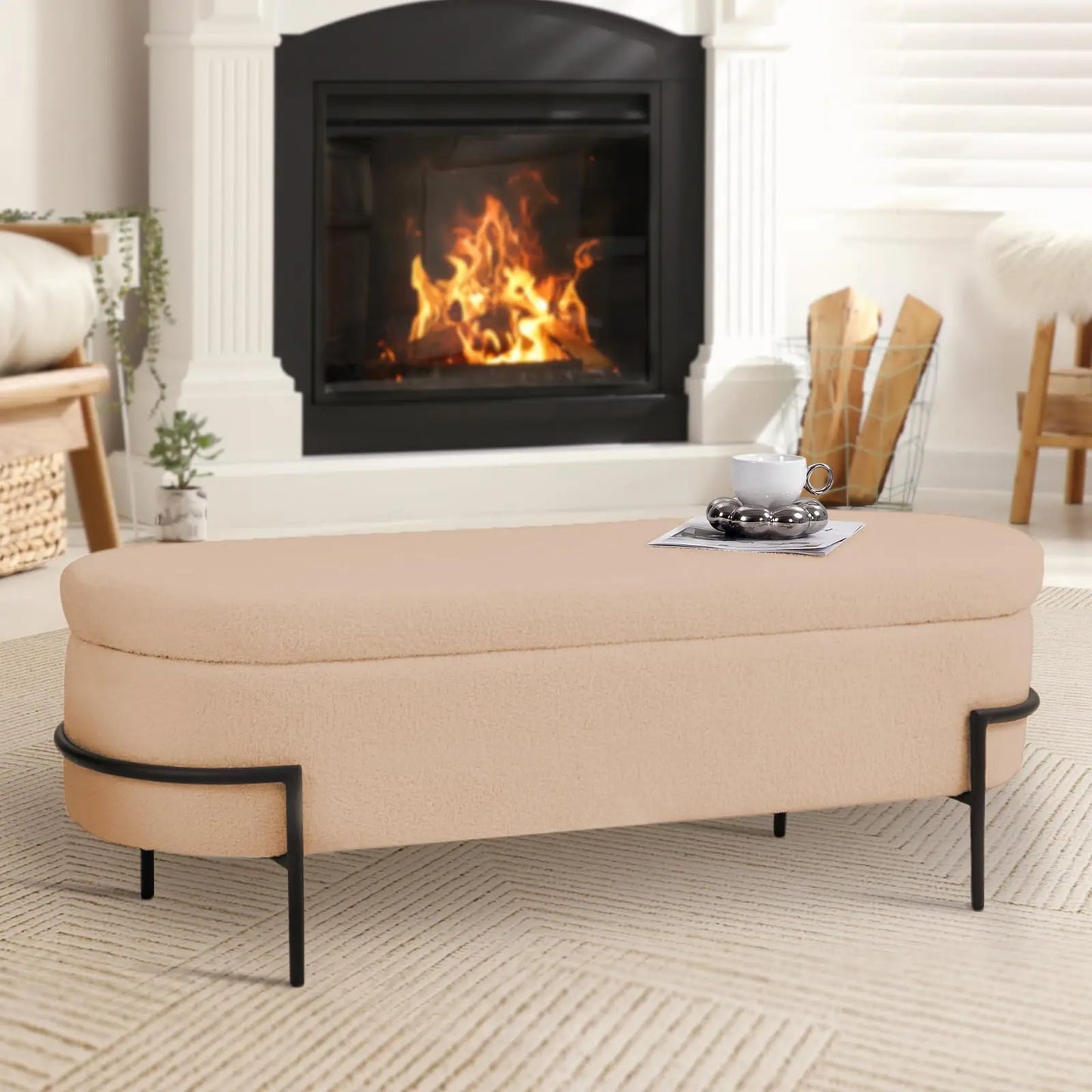 Sherpa Upholstered Storage Ottoman Bench – Modern Oval Footstool - Homestead & Co