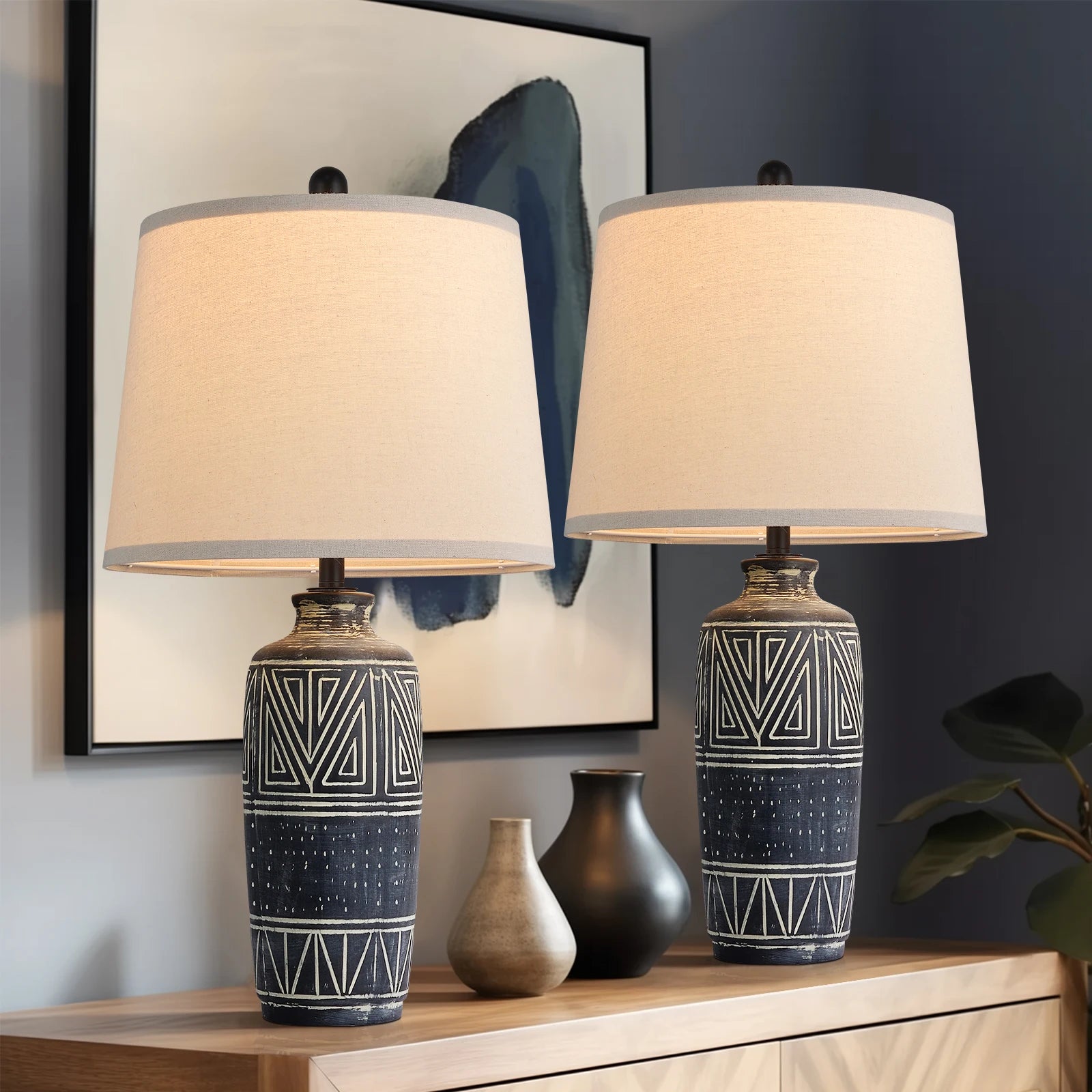 Set of 2 – 25-Inch Handcrafted Southwest Ceramic Table Lamps with Burlap Shades - Homestead & Co