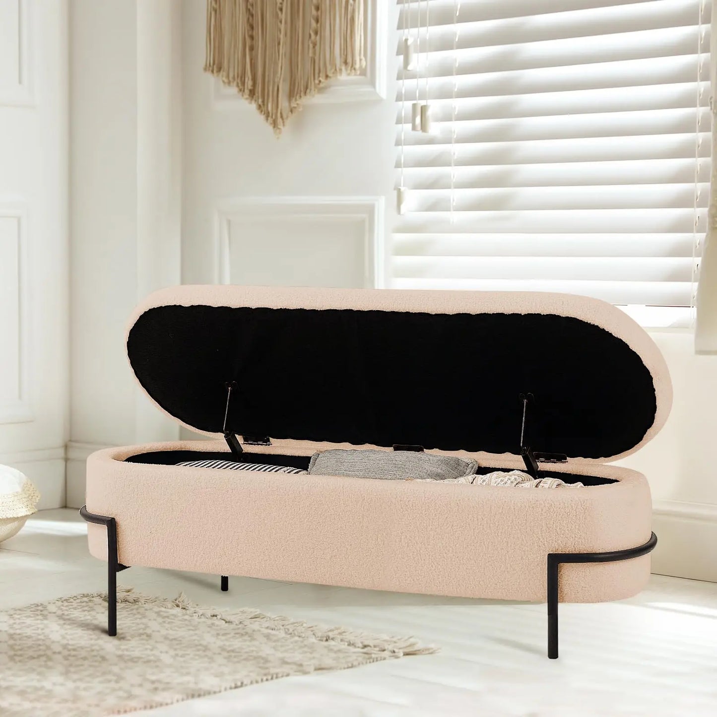 Sherpa Upholstered Storage Ottoman Bench – Modern Oval Footstool - Homestead & Co