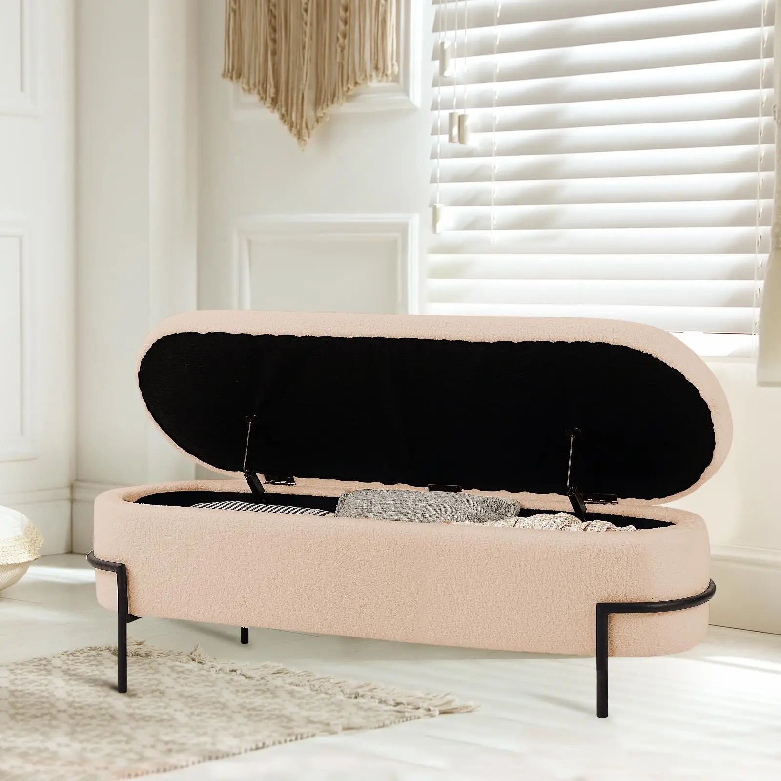 Sherpa Upholstered Storage Ottoman Bench – Modern Oval Footstool - Homestead & Co