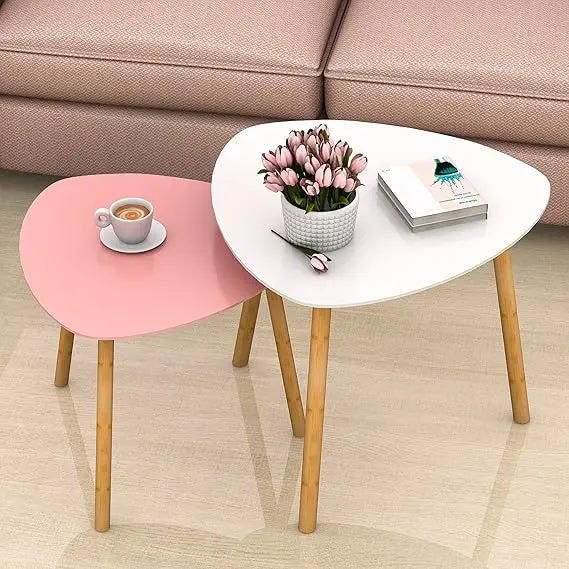 Set of 2 Bamboo Nesting Coffee Tables – Modern Pink & White Triangle End Tables - Homestead & Co