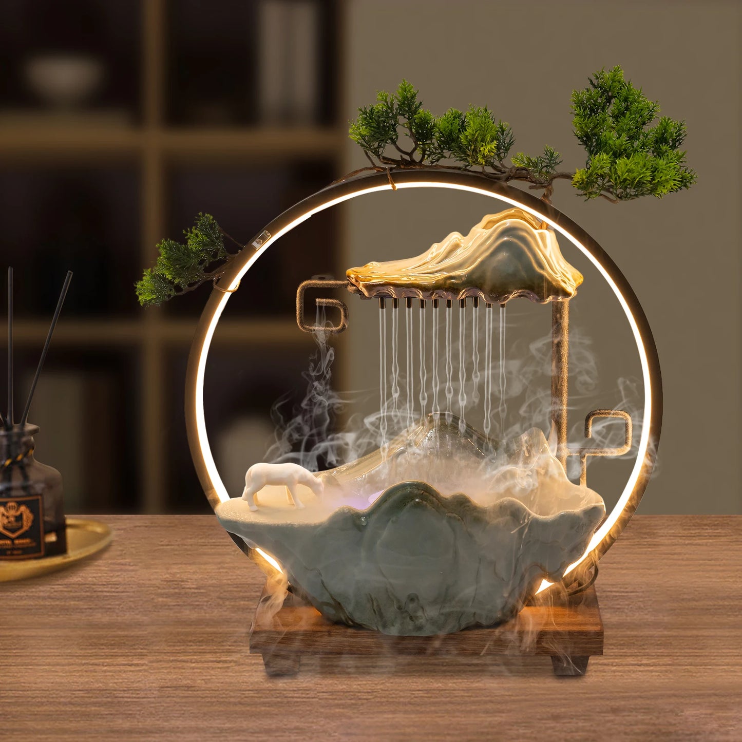 Indoor Tabletop Water Fountain with LED, Mist, Rockery, Horse & Plants - Homestead & Co