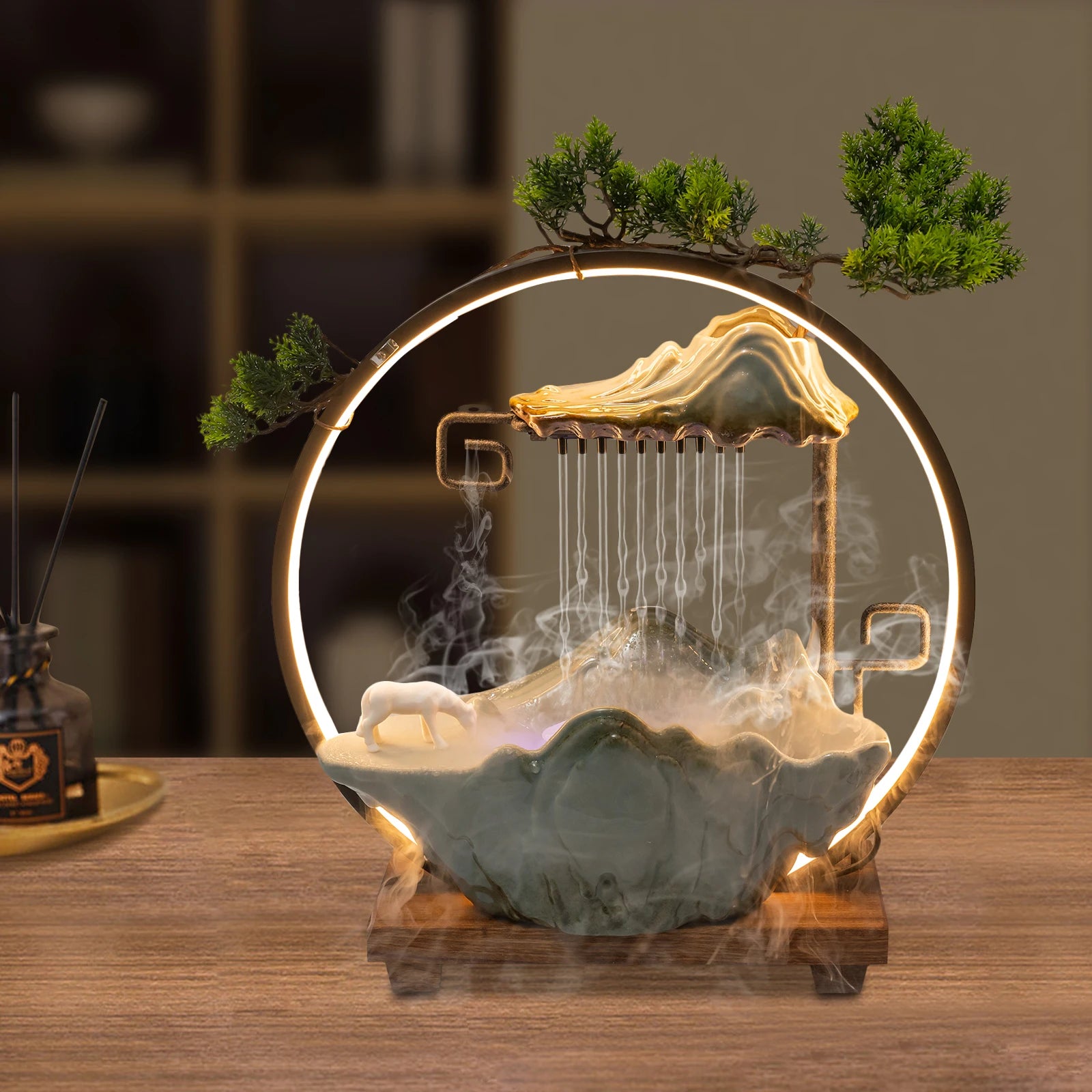 Indoor Tabletop Water Fountain with LED, Mist, Rockery, Horse & Plants - Homestead & Co